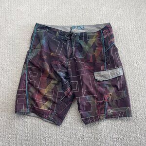 Y2K TXT Board Shorts Men 36 Neon Pink / Blue Cyber Graphic AOP Grunge 2000's